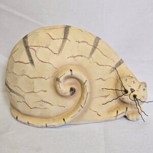 Primitive Pottery, Fat Cat Figurine, Folk Art, Wire Whiskers, 6"‎ x 4.5"